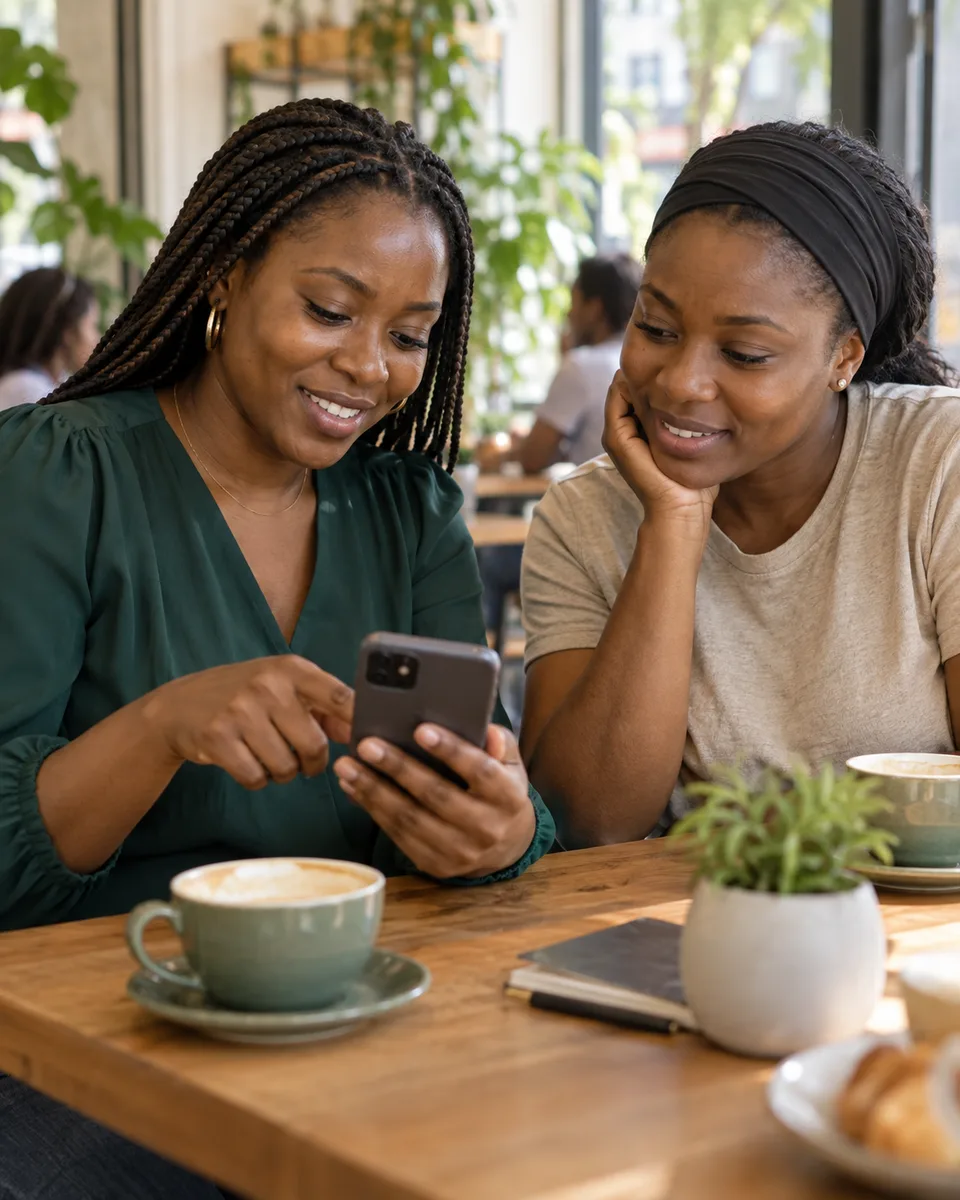 Two women sharing helpful information on a phone during a friendly conversation.