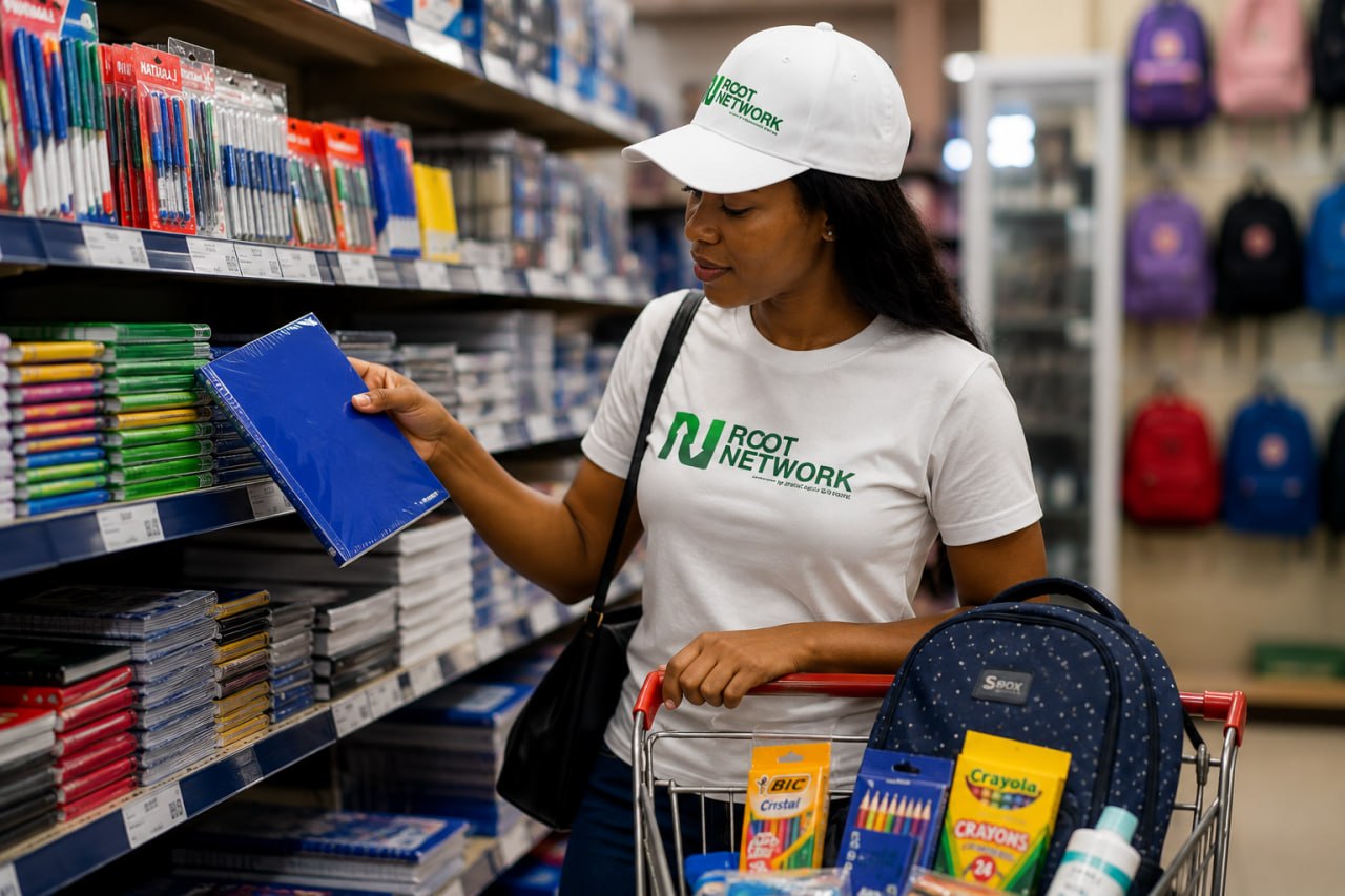 A female Root associate choosing school supplies.