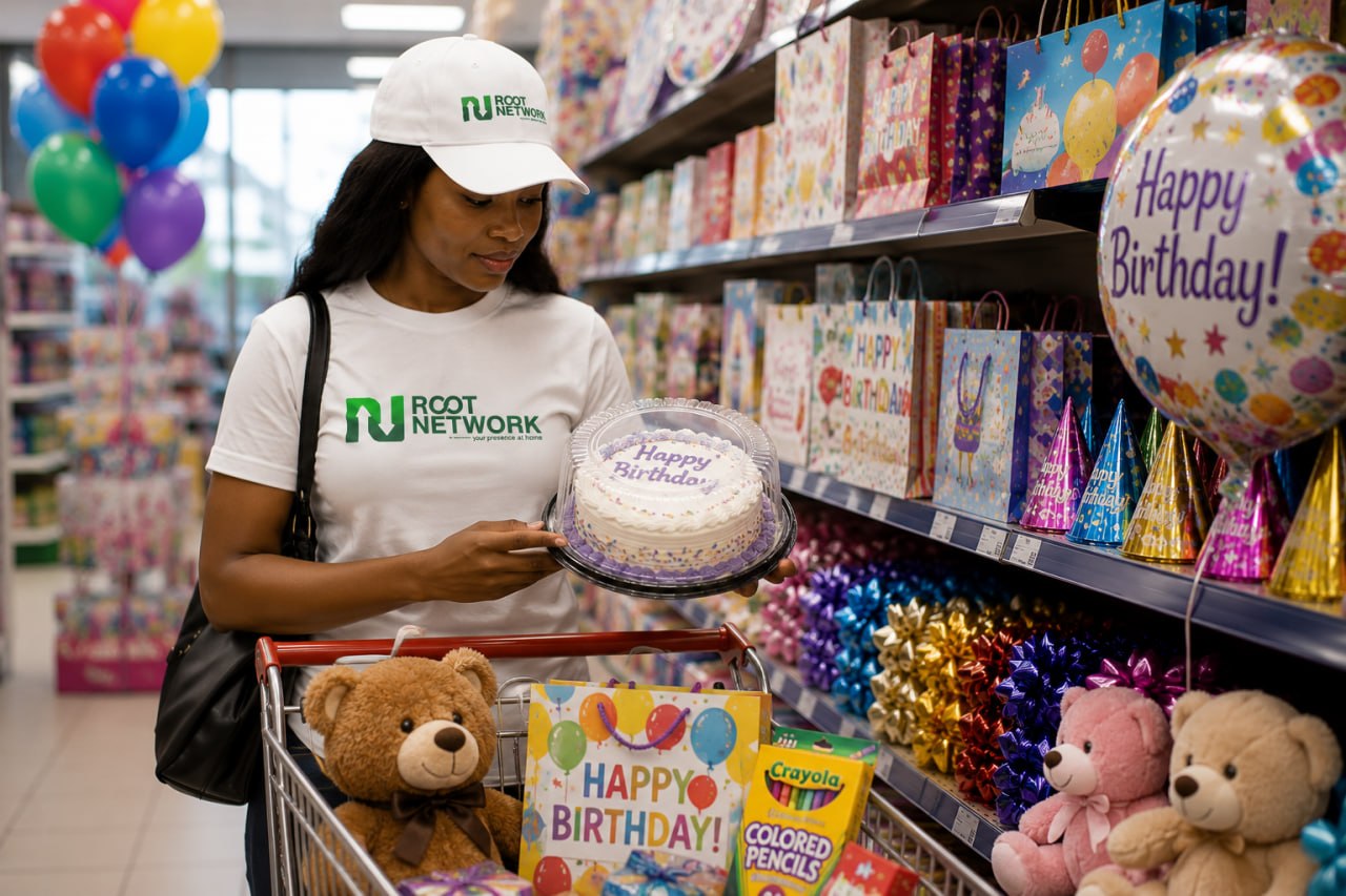 A female Root associate choosing birthday gifts.