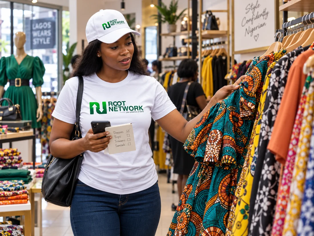 A female Root associate choosing clothes in a boutique.