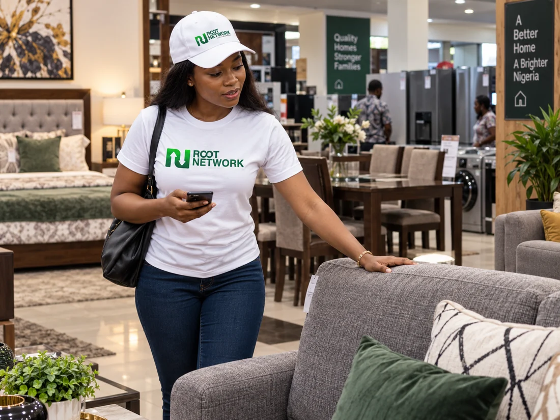 A female Root associate choosing furniture in a showroom.