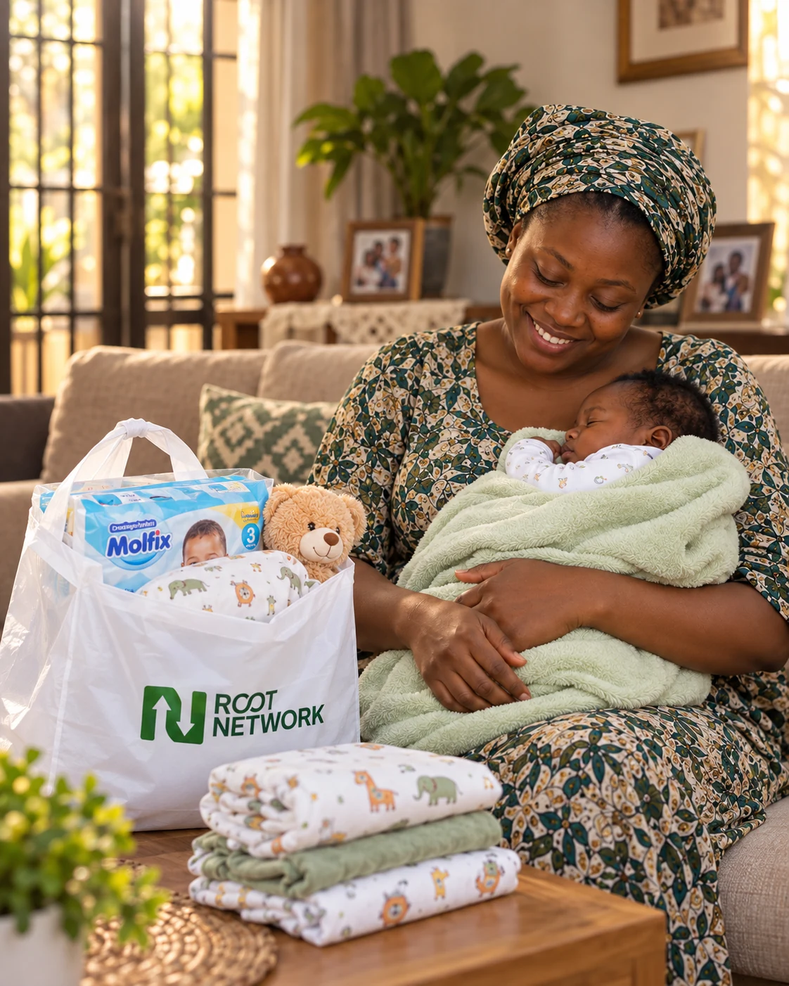 A new mother holding her baby beside baby supplies in a Root Network bag