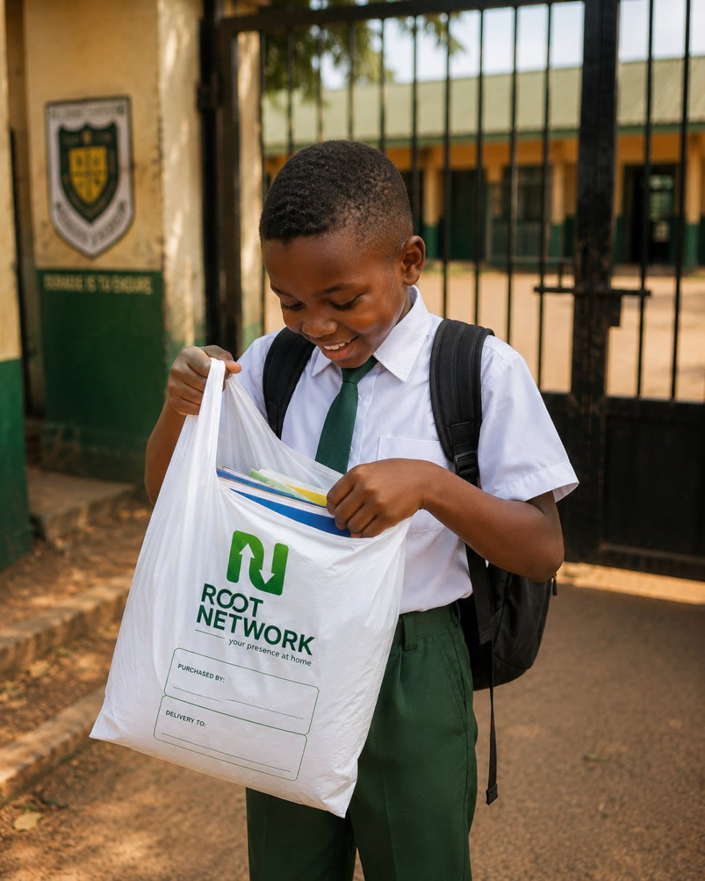 A schoolboy looking inside a Root Network package after delivery